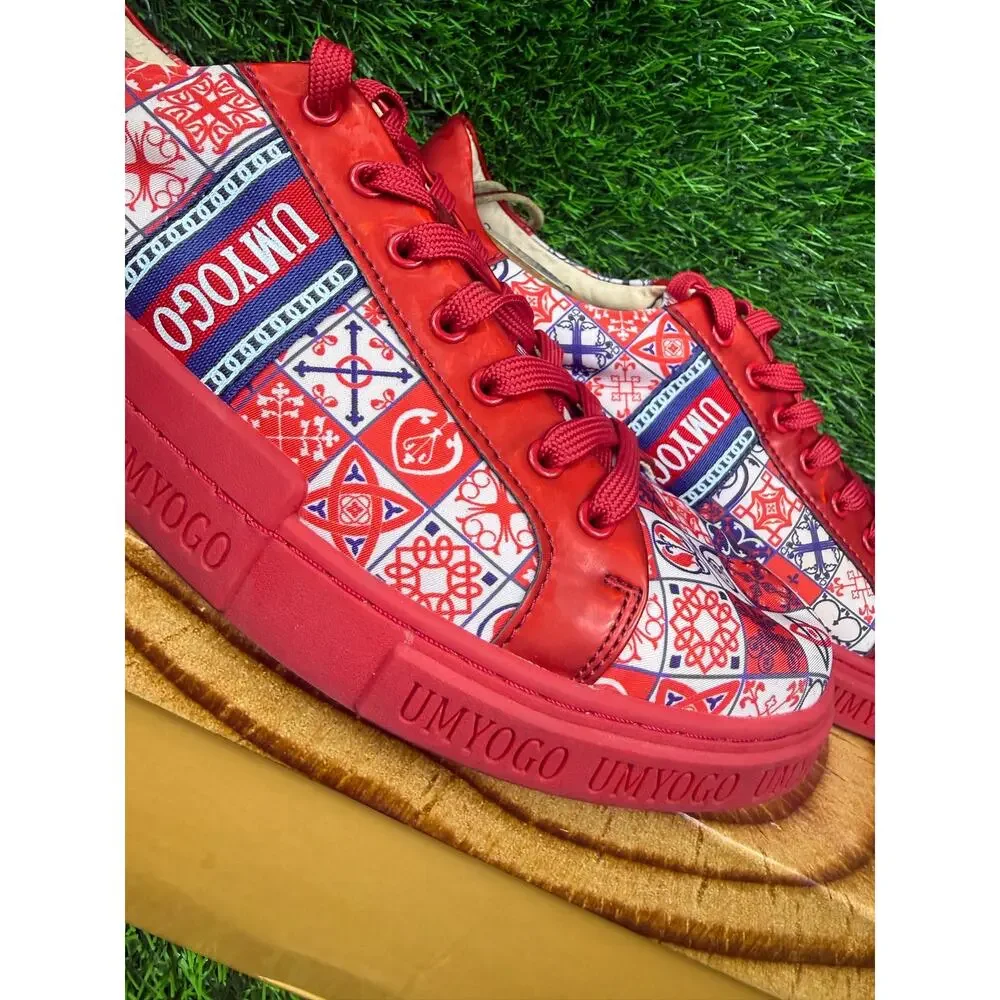 UMYOGO Mens EU 46 USA 12 Red Blue Geometric Graphic Print Low Top Sneakers